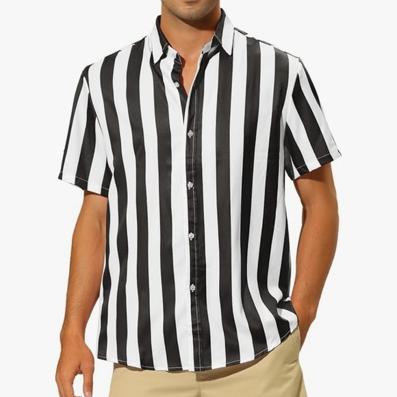 NWT Lars Amadeus Mens Stripe Short Sleeved White & Black Button Down Shirt XL - Picture 1 of 6
